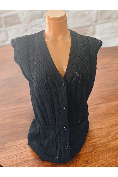 TUTUYA TEXTIL Houndstooth Knitted Dowry Casual Pocketed Knitwear Mother's Vest Winter Seasonal Vest