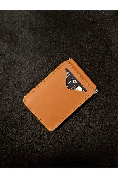 MAT Deri Genuine Leather Money Clip Wallet & Card Holder Tan Slim Card Holder