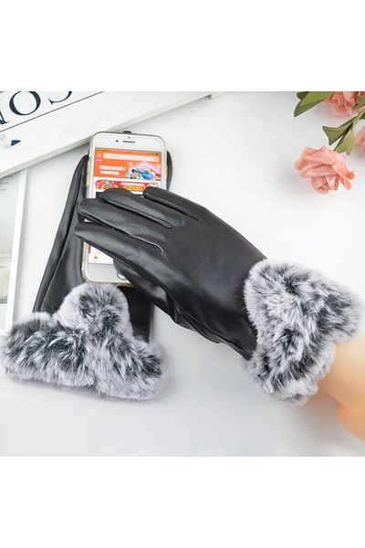 Muks Women's Leather Fur Detailed Gloves with Wool Inside
