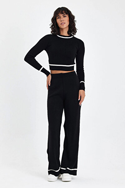 bacc Top crop cu dungi negre pentru damă și pantaloni Palazzo Tricoturi Parte...