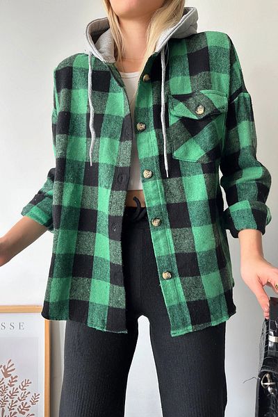 bacc Cămașă oversize pentru femei, verde vibrant, cu glugă, cu model în carouri Bcpk- 236004