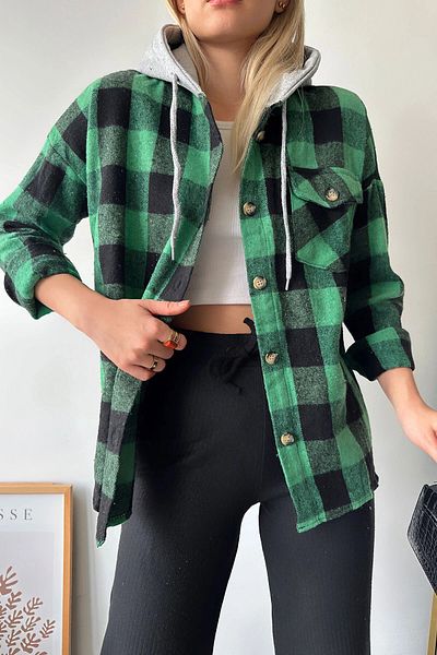 bacc Cămașă oversize pentru femei, verde vibrant, cu glugă, cu model în carouri Bcpk- 236004