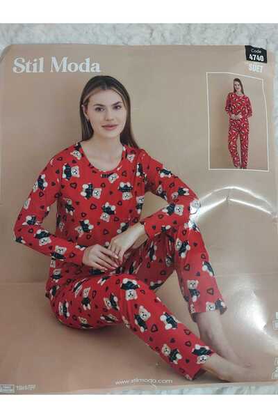 aryam butik Kadın Sıfır Yaka AYICIK KALPLI  Baskılı Süet Yumuşak Kumaş Uzun Kollu Pijama Takımı