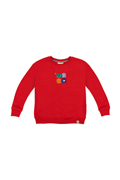 BEETLEBEEZ Yetişkin Unisex Bisiklet Yaka Yılbaşı Nakışlı Sweatshirt - Kırmızı