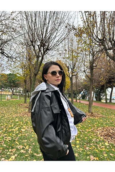 Ekim Store Jachetă din piele gri cu buzunar cu glugă