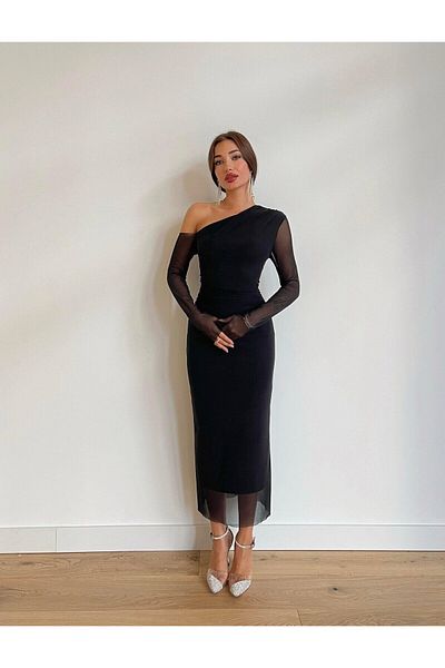 WoolnClyde Women's Black Asymmetrical Neckline One Shoulder Tulle Detailed Midi Length Dress