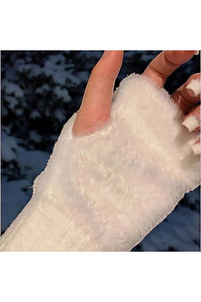 SOSYETEZGAHI Women's White Furry Half Gloves Half Finger Back Gloves