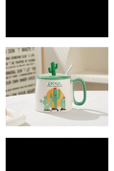 Pretty 3D  Kaktüs Kapaklı Kaşıklı Kupa Bardak
