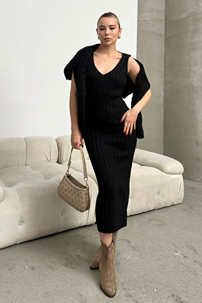 bacc Fekete kötött motívum Crop pulóver és kötöttáru ruha szett - magas Bc231004