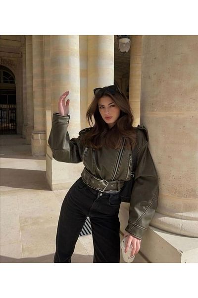 Ekim Store Δερμάτινο μπουφάν Χακί Oversize με ζώνη με φερμουάρ