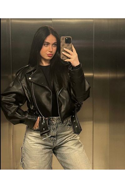 Ekim Store Голямо кожено яке с черен колан за гадже