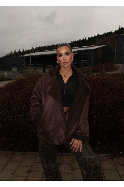 Ekim Store Palton din piele de pluș cu nasturi maro amar