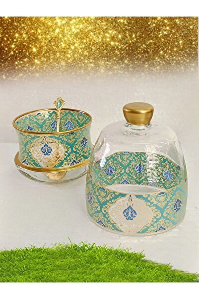 SAMSA Altın Yeşil Desenli Model 1 Adet Şekerlik Lokumluk Set Metal Kaşık Hediye Sugar Bowl Turkısh Delight