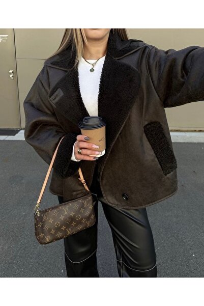 Ekim Store Palton din piele laminată de pluș cu nasturi maro amar