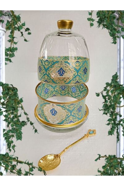 SAMSA Altın Yeşil Desenli Model 1 Adet Şekerlik Lokumluk Set Metal Kaşık Hediye Sugar Bowl Turkısh Delight