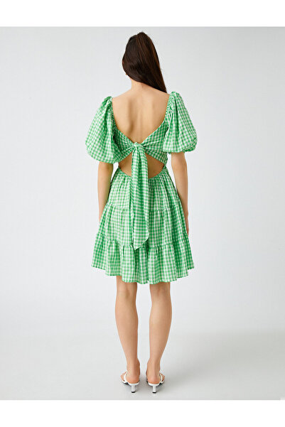 Koton Fodor léggömb ujjú kockás ruha - fűzős részlet