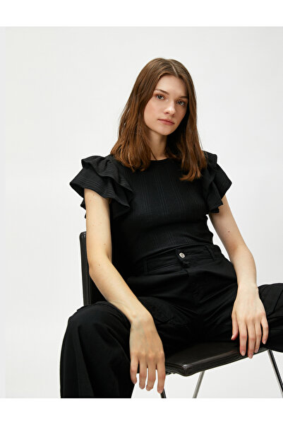 Koton Crew Neck T-Shirt with Flounce Sleeve Detail