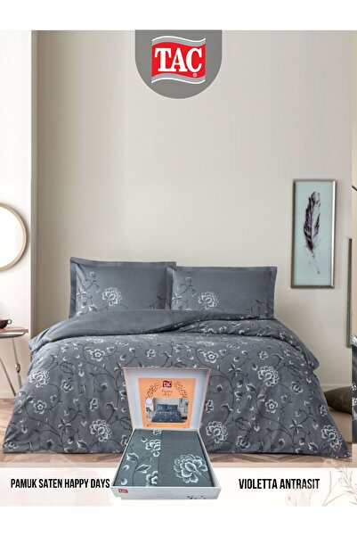 Taç Violeta antrasit Pamuk Saten Çift Kişilik Nevresim Takımı