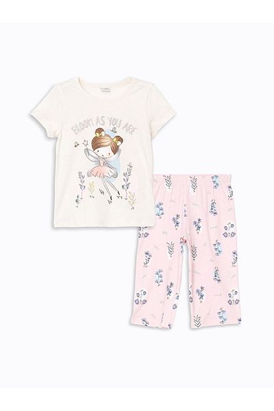 LC Waikiki Lcw Kids Ecru Crew Neck Printed Girl's Pajama Set