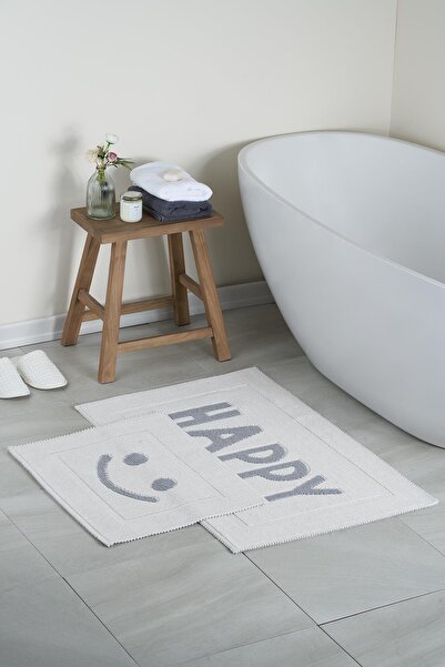 Bluenity Happy Doğal Pamuklu 2'li Banyo Paspas Seti 60x100+50x60 Cm - Gri