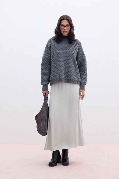 Manuka Silberfarbener Satin-Midirock