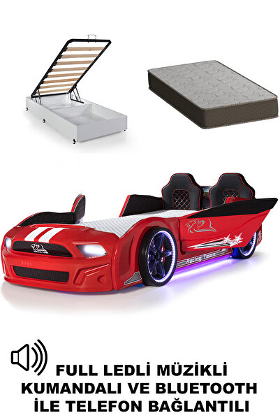 Ferramini Bazalı Arabalı Yatak Kırmızı Kapıları Açılan Mustang Full Ledli Kumandalı ve Müzikli+Ortopedik Yatak