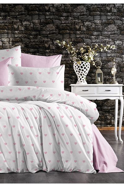 GARDEN ROOM Single Leyla / White Floor Pink Heart Cotton Duvet Cover Set - with Elastic Sheet