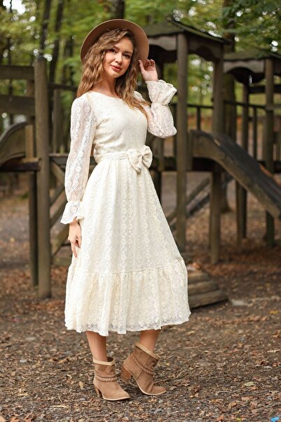 KÜÇÜĞÜM BUTİK Vintage Ekru Dantelli Elbise