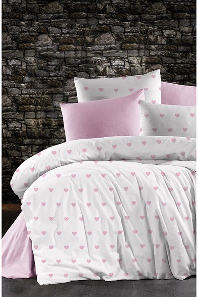 GARDEN ROOM Single Leyla / White Floor Pink Heart Cotton Duvet Cover Set - with Elastic Sheet