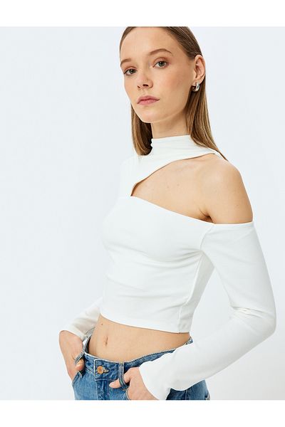 Koton Off-The-Shoulder Window Detail Long Sleeve Crop T-Shirt