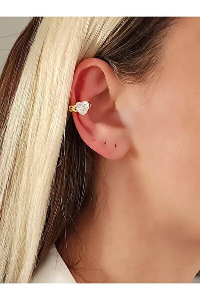 Eva Takı Store Kalp Model Zirkon Taşlı Model Gold Renkli Kıkırdak Sıkıştırmal...