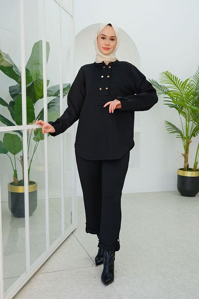 LOCCO Costum dublu negru pentru femei - Decupaj oval cu detaliu nasturi