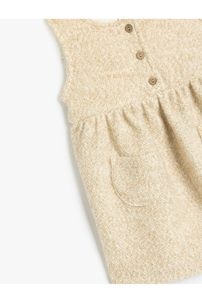 Koton Cep ve Düğme Detaylı Yuvarlak Yaka Askılı Jile Elbise