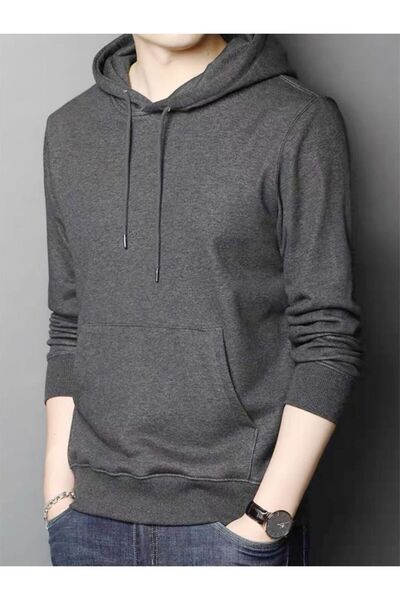 FİTGO Erkek Kanguru Cep Şardonlu Kapüşonlu Füme Sweatshirt