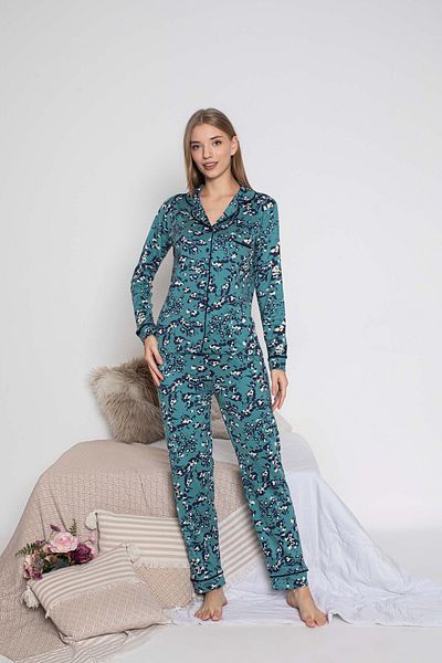 GUAVA+ Sandy Collar Front Button Turquoise Patterned Women's Long Sleeve Pjamas Suit