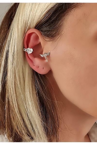 Eva Takı Store Heart Model Zircon Stone Model Silver Colored Cartilage Compression Earring Earcuff