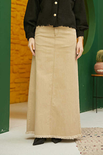 Neways 2252-Denim Eteği Püsküllü Etek Bej