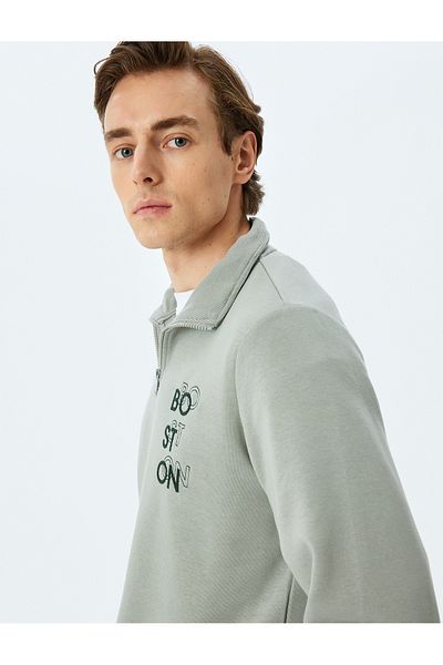 Koton Embroidered Cotton Blend Raster Long Sleeve Half Zip Sweatshirt