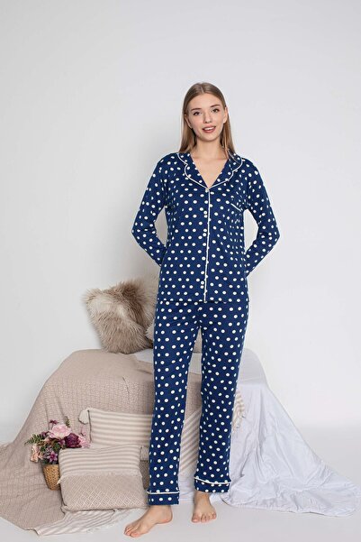 GUAVA+ طقم بيجامة نسائي بأكمام طويلة وأزرار أمامية باللون الأزرق الداكن والأبيض