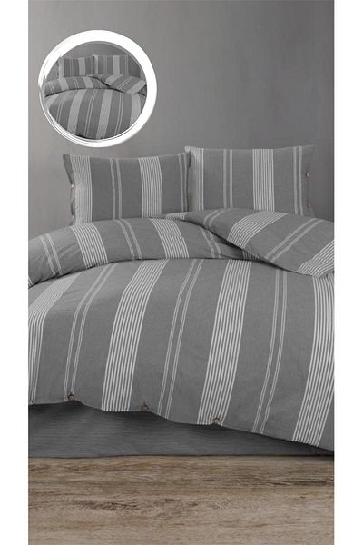 Bayev Ranforce Fabric - Σετ Παπλωματοθήκη από βαμβακερό διπλό, ριγέ γκρι λευκό σεντόνι και μαξιλάρι