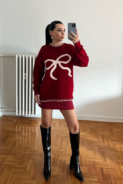 Seda Yalçın Atelier Pulover roșu din tricot cu fundă în față