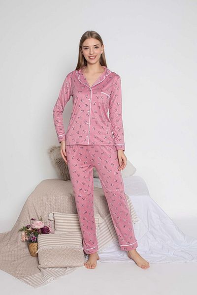 GUAVA+ Women's Long Sleeve Pjamas with Sandy Collar Front Button Pink Heart Patterned