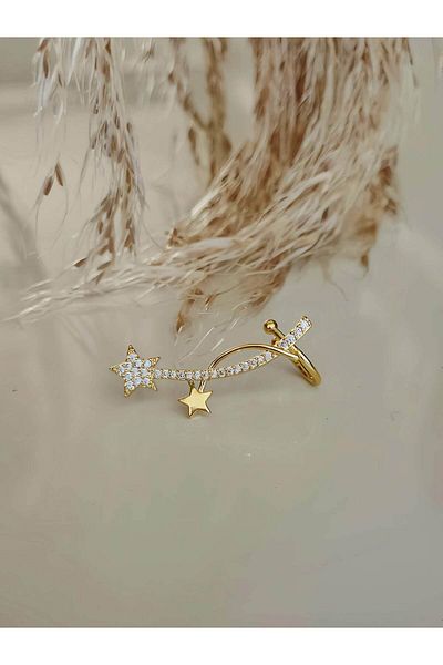 Eva Takı Store Star Model Zircon Stone Model Gold Colored Cartilage Compression Earring Earcuff