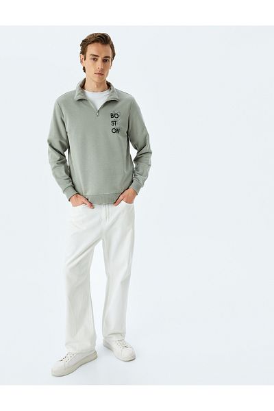 Koton Embroidered Cotton Blend Raster Long Sleeve Half Zip Sweatshirt