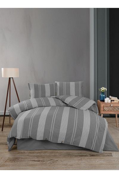 Bayev Ranforce Fabric - Σετ Παπλωματοθήκη από βαμβακερό διπλό, ριγέ γκρι λευκό σεντόνι και μαξιλάρι
