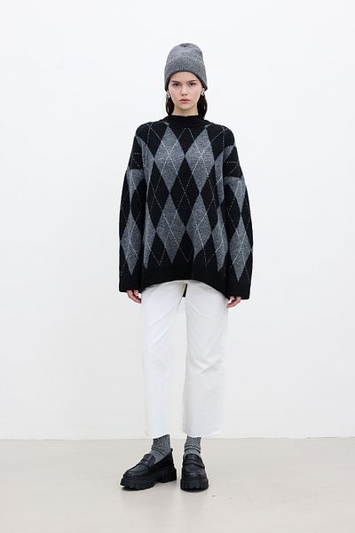 Manuka Schwarzer Oversize-Pullover – Rautenmuster