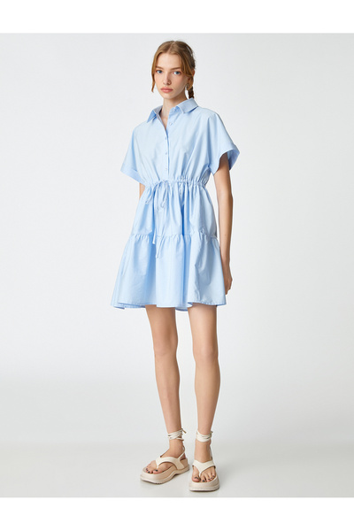 Koton Rochie cămașă din popelin cu mânecă scurtă, cu nasturi, talie cu volan, cu fundă adunată