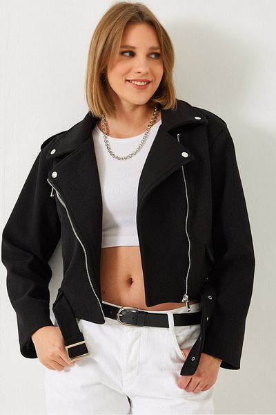 Bianco Lucci Women's Pocket Detailed Belted Lined Short Stamp Biker Jacket 2446 60351313