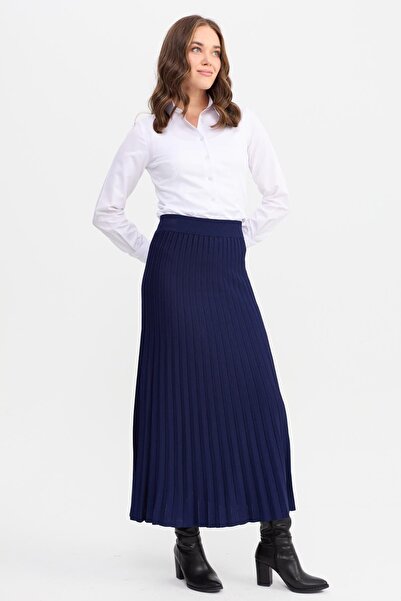 Desen Triko Плісирована спідниця з еластичною талією темно-синя жіноча трикотажна спідниця DSN24K21321
