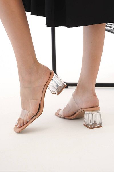 Lizzu Γυναικείες παντόφλες με τακούνι Nude Color - Saine με διάφανες λουρίδες